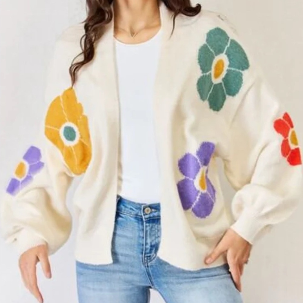 Judith March Cream Cardigan with Colorful Floral Design